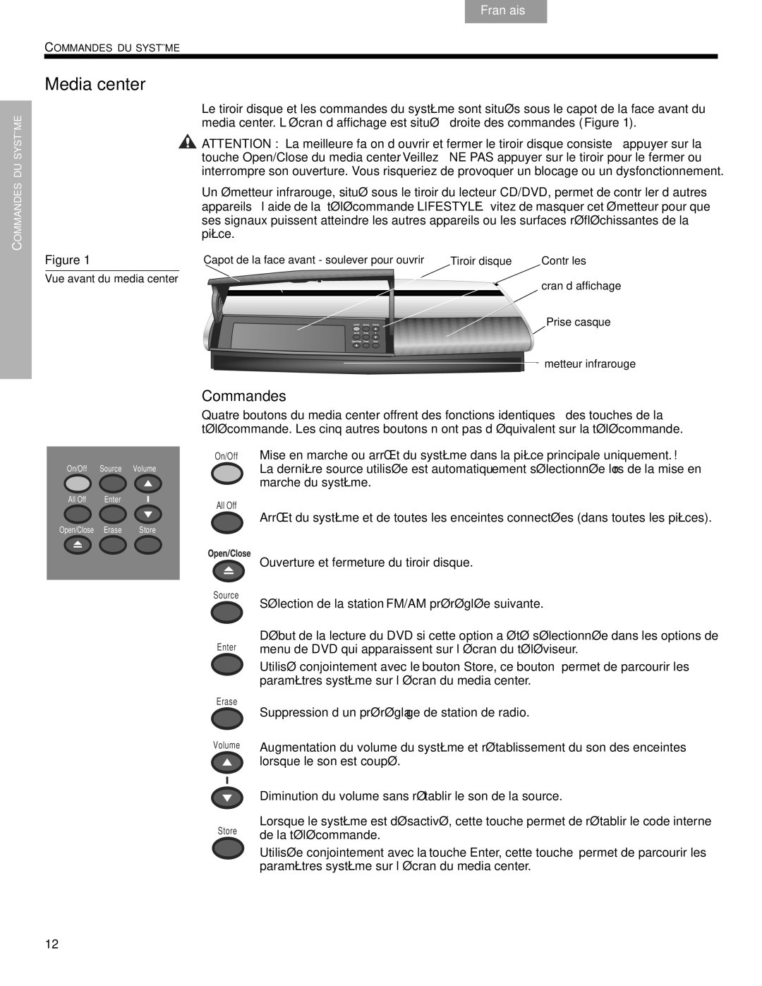 Bose DVD Home Entertainment Systems manual Media center, Commandes 