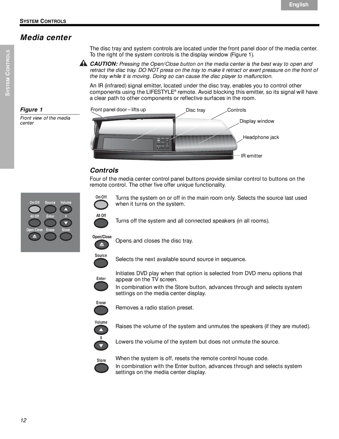 Bose DVD Home Entertainment Systems manual Media center, Controls 