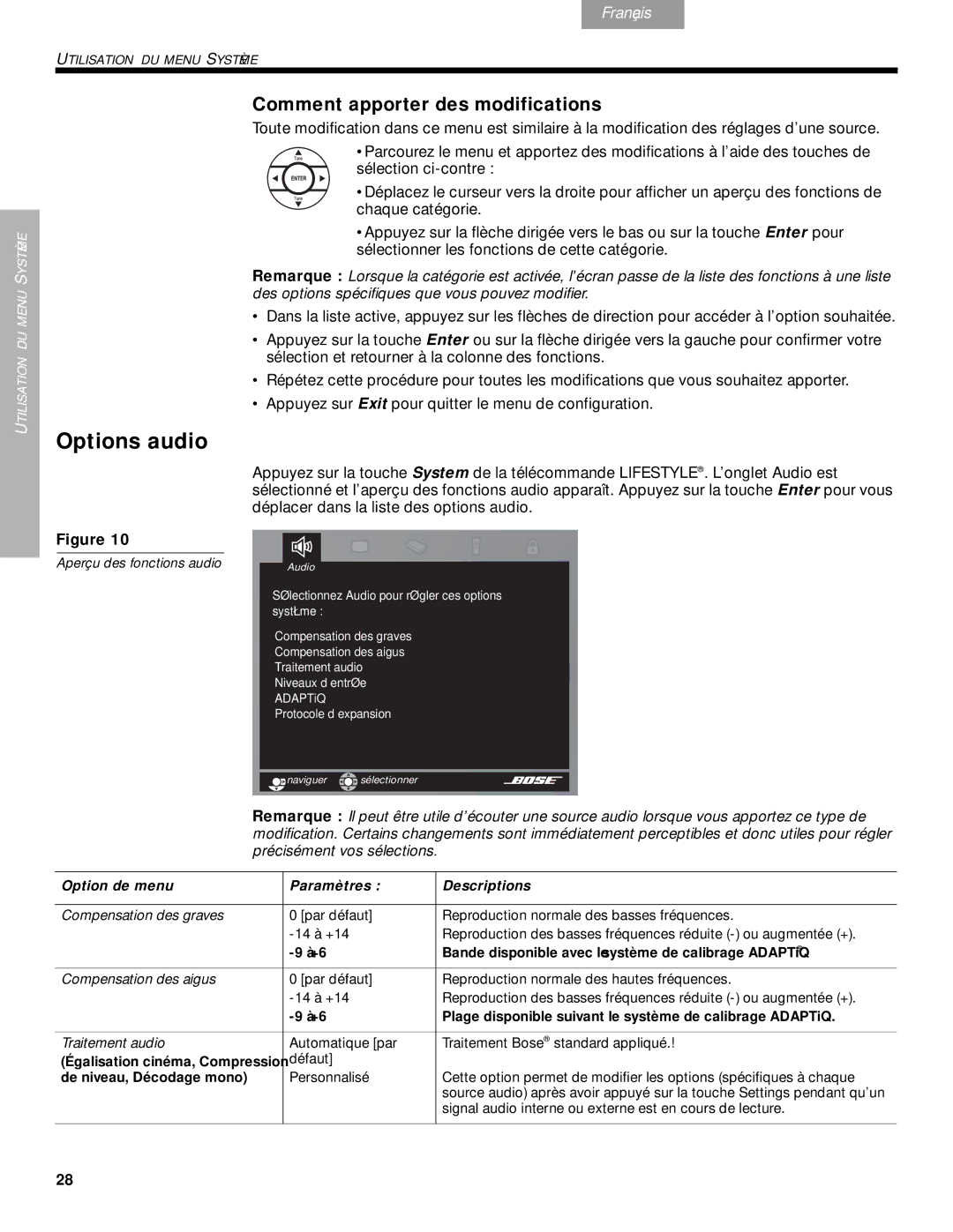 Bose DVD Home Entertainment Systems manual Options audio, Comment apporter des modifications 