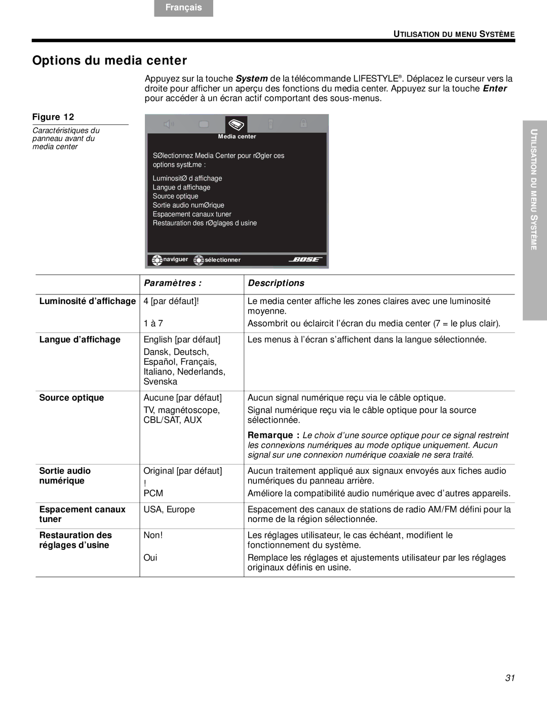 Bose DVD Home Entertainment Systems manual Options du media center 