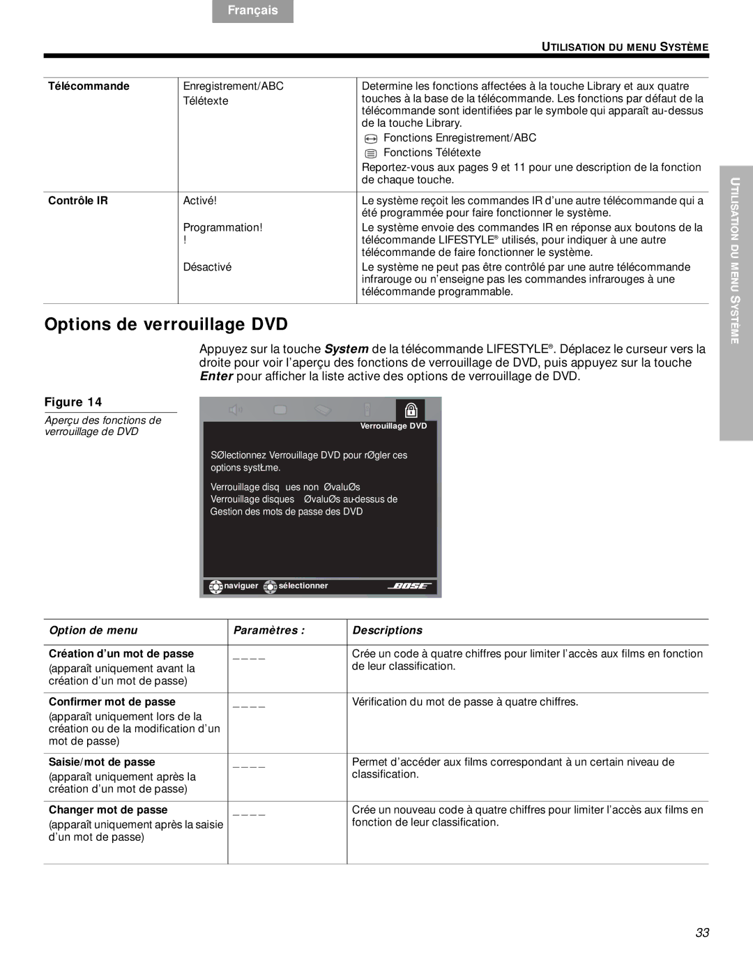 Bose DVD Home Entertainment Systems manual Options de verrouillage DVD, Télécommande 