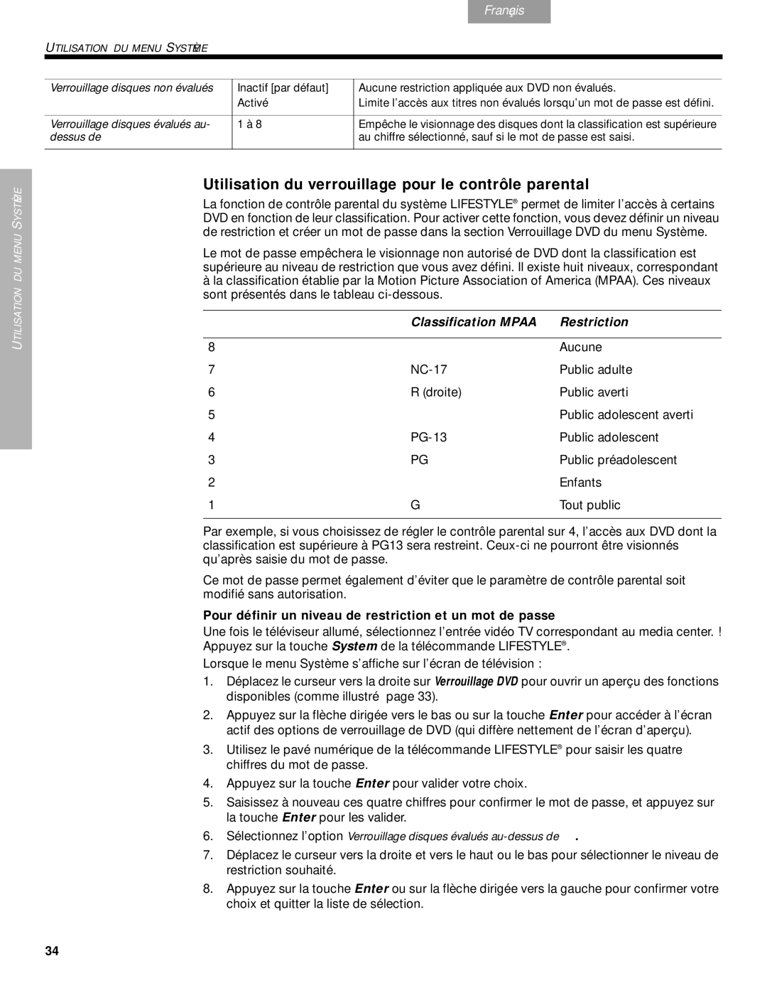 Bose DVD Home Entertainment Systems manual Utilisation du verrouillage pour le contrôle parental 