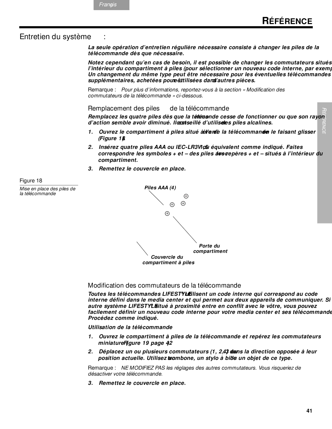 Bose DVD Home Entertainment Systems manual Entretien du système, Remplacement des piles de la télécommande 