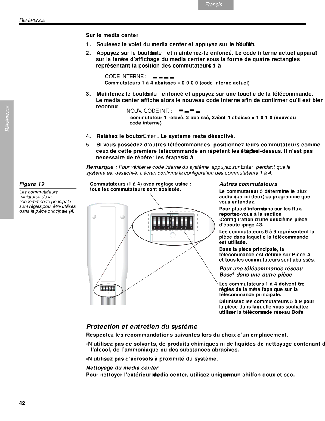 Bose DVD Home Entertainment Systems manual Protection et entretien du système, NOUV. Code INT, Autres commutateurs 