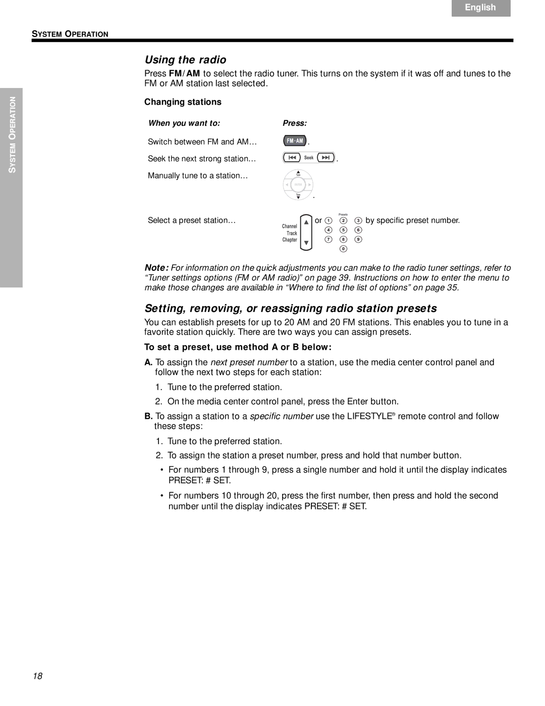 Bose DVD Home Entertainment Systems manual Using the radio, Setting, removing, or reassigning radio station presets 