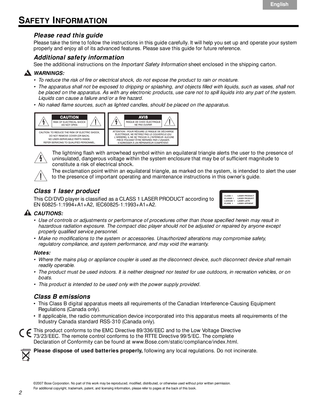 Bose DVD Home Entertainment Systems manual Please read this guide, Additional safety information, Class 1 laser product 