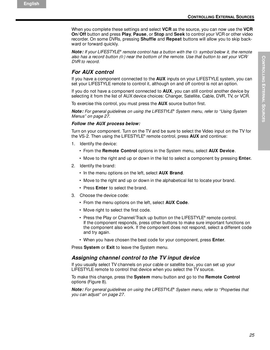 Bose DVD Home Entertainment Systems manual For AUX control, Assigning channel control to the TV input device 