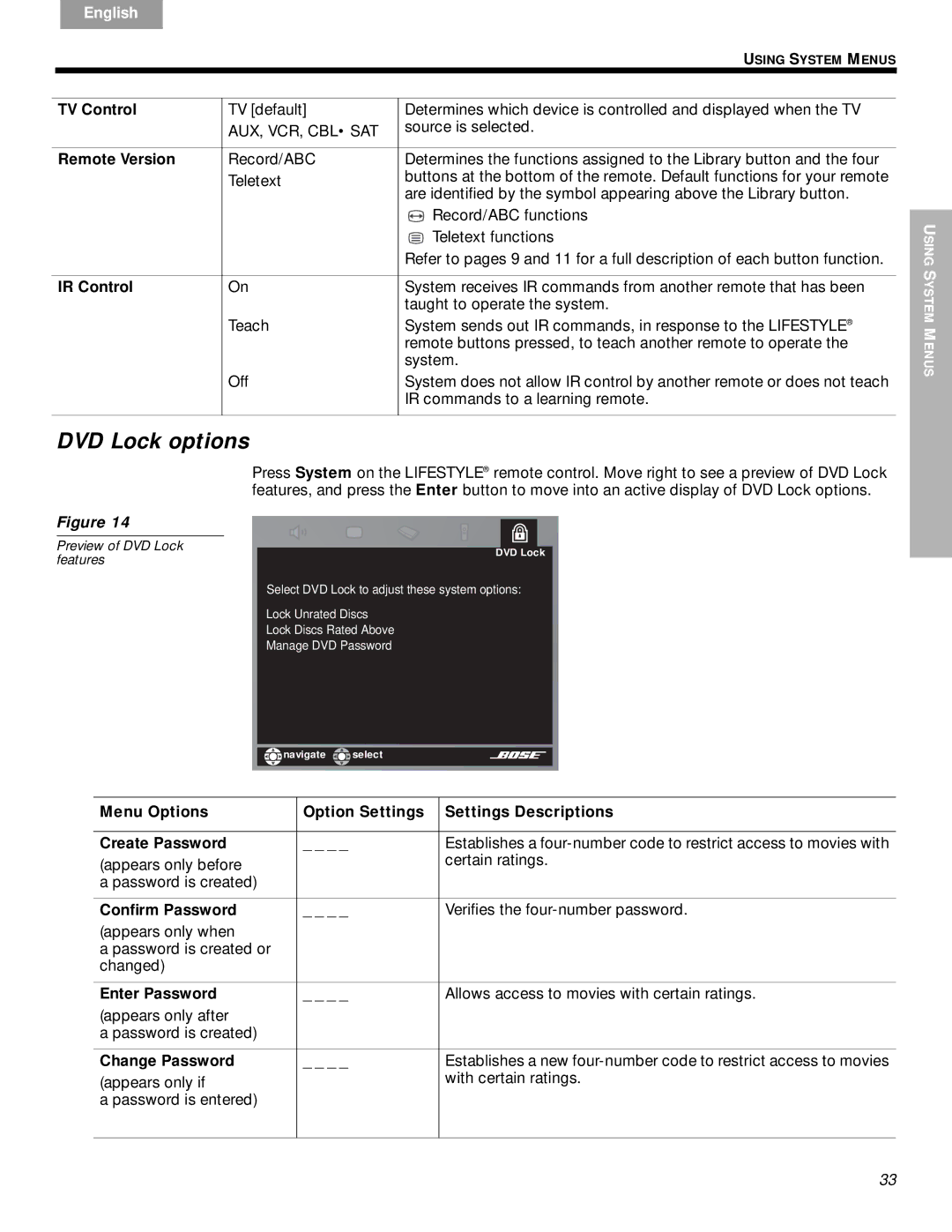 Bose DVD Home Entertainment Systems manual DVD Lock options 