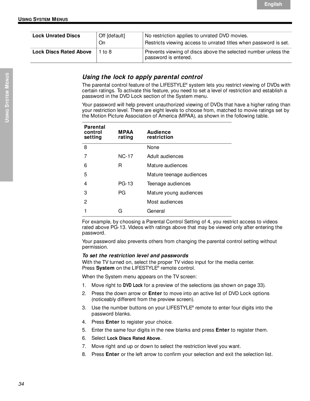 Bose DVD Home Entertainment Systems Using the lock to apply parental control, To set the restriction level and passwords 