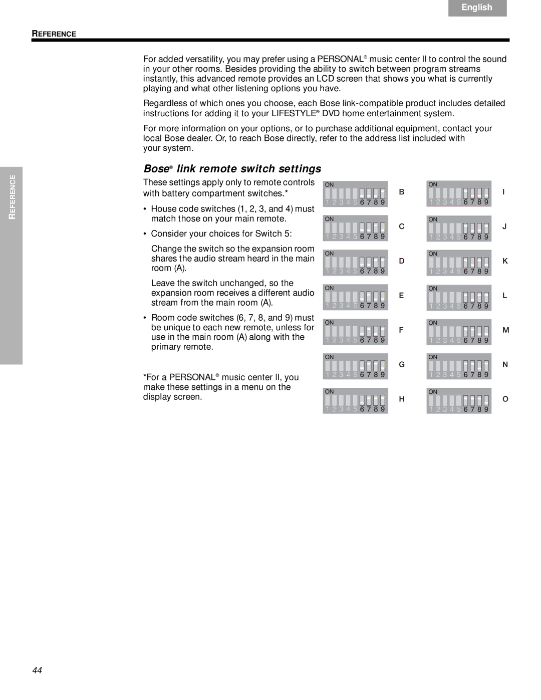 Bose DVD Home Entertainment Systems manual Bose link remote switch settings 