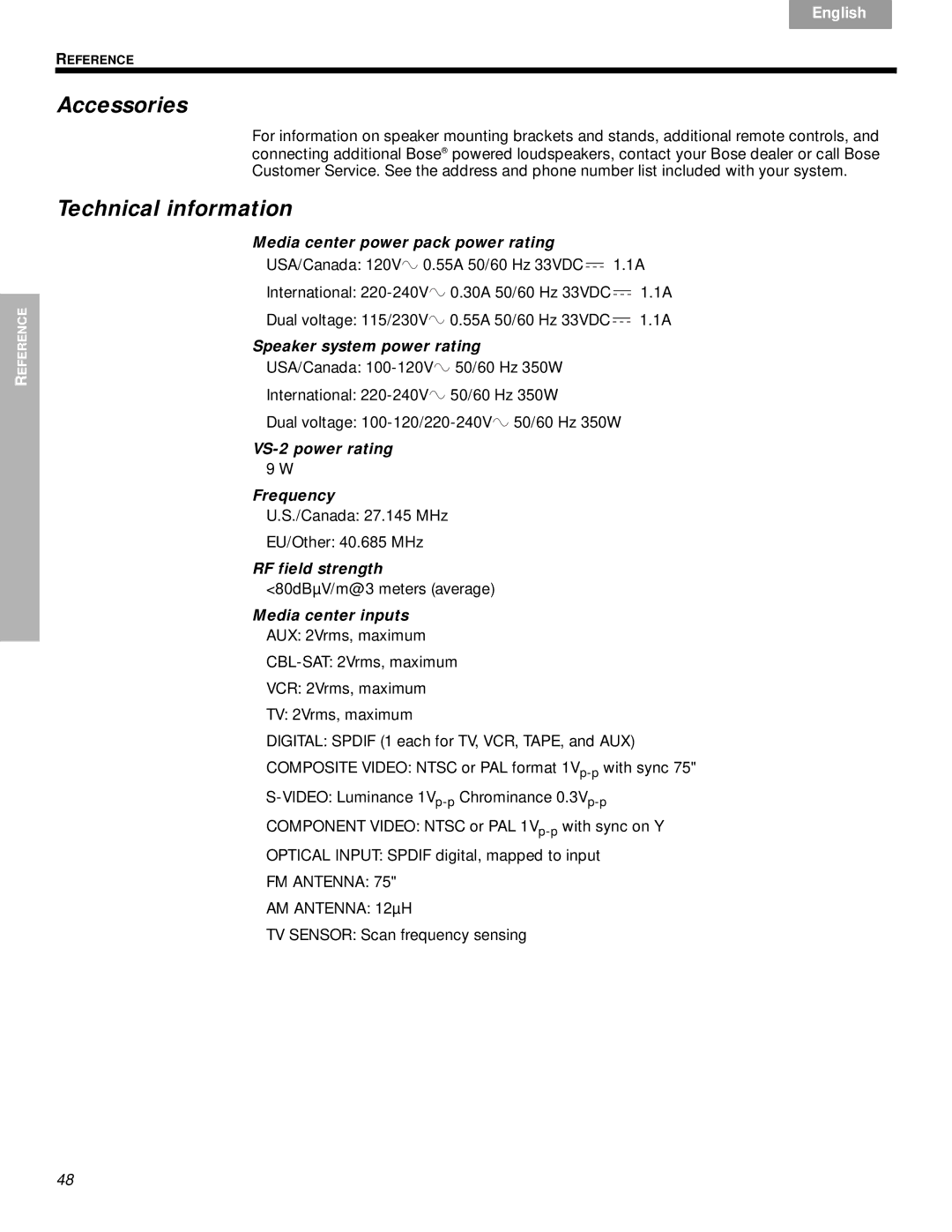 Bose DVD Home Entertainment Systems manual Accessories, Technical information 