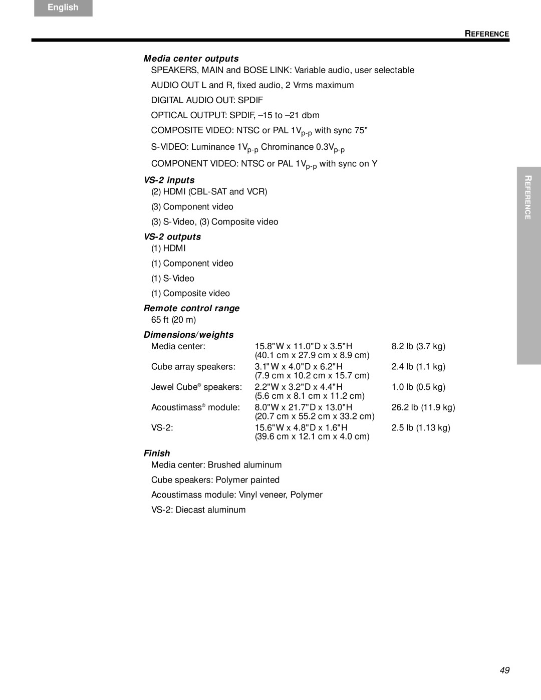 Bose DVD Home Entertainment Systems manual Media center outputs, VS-2 inputs, VS-2 outputs, Remote control range, Finish 