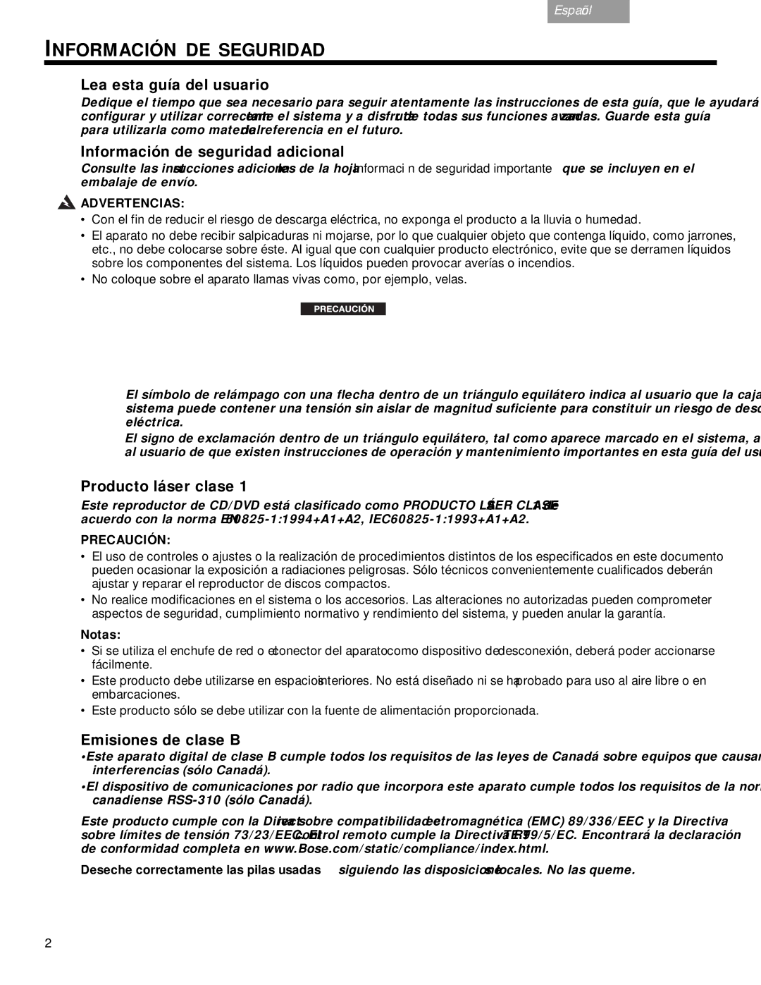 Bose DVD Home Entertainment Systems Lea esta guía del usuario, Información de seguridad adicional, Producto láser clase 