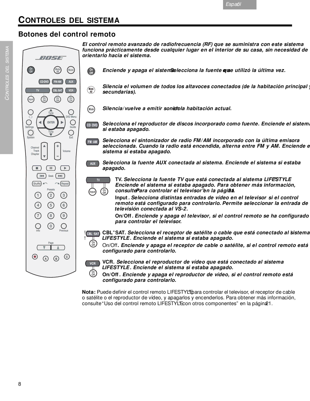 Bose DVD Home Entertainment Systems manual Botones del control remoto 