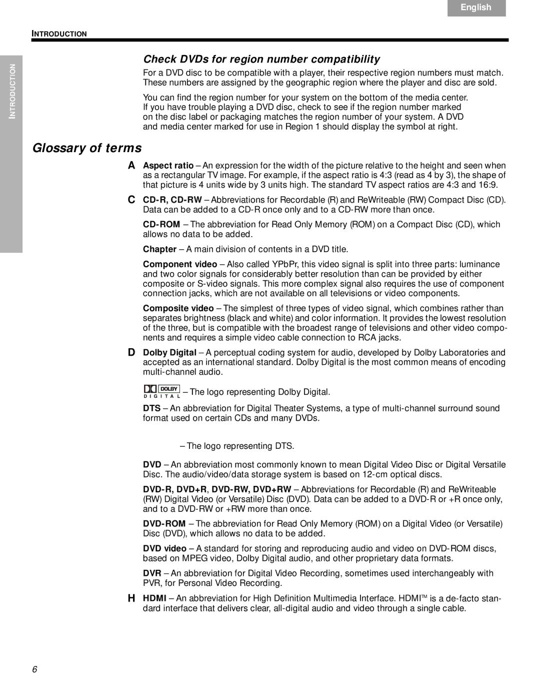 Bose DVD Home Entertainment Systems manual Glossary of terms, Check DVDs for region number compatibility 