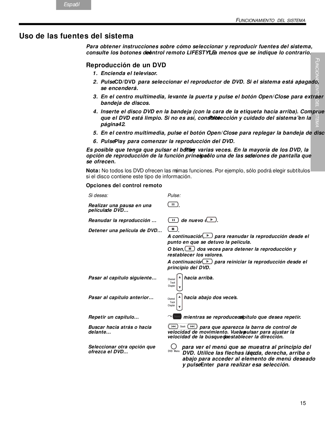 Bose DVD Home Entertainment Systems Uso de las fuentes del sistema, Reproducción de un DVD, Opciones del control remoto 