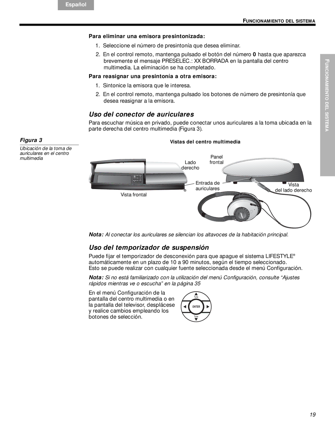 Bose DVD Home Entertainment Systems manual Uso del conector de auriculares, Uso del temporizador de suspensión 