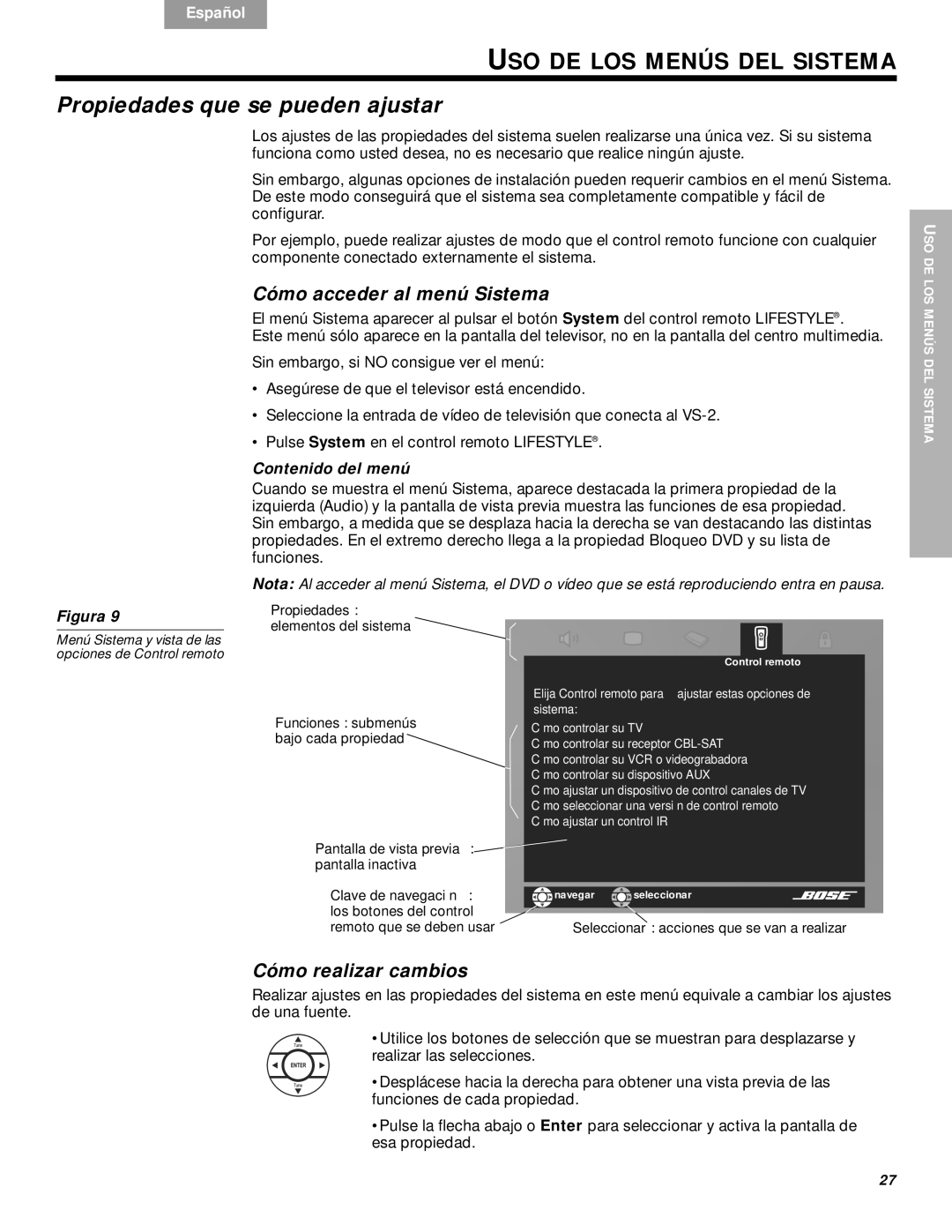 Bose DVD Home Entertainment Systems Propiedades que se pueden ajustar, Cómo acceder al menú Sistema, Cómo realizar cambios 