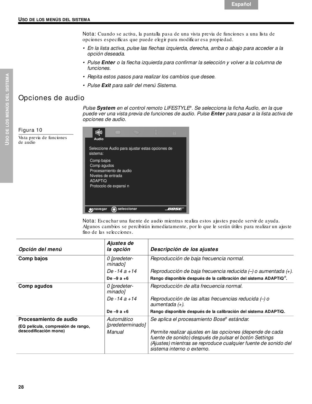 Bose DVD Home Entertainment Systems manual Opciones de audio, Comp agudos, Procesamiento de audio 