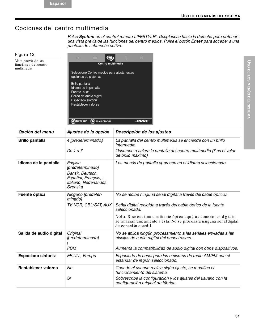 Bose DVD Home Entertainment Systems manual Opciones del centro multimedia 