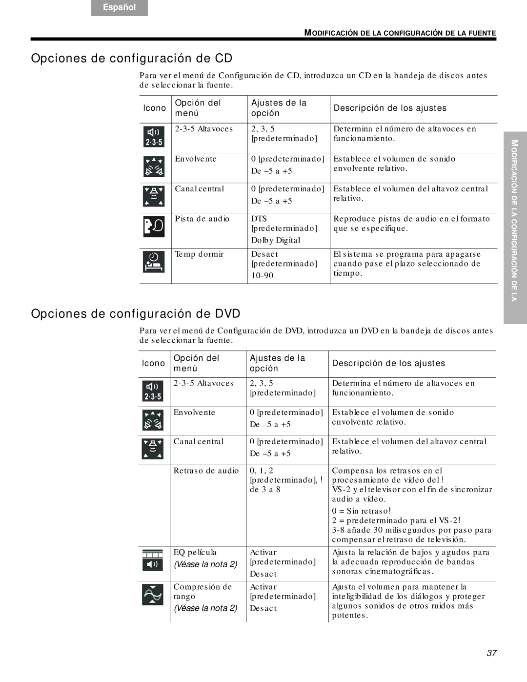 Bose DVD Home Entertainment Systems manual Opciones de configuración de CD, Opciones de configuración de DVD, Véase la nota 