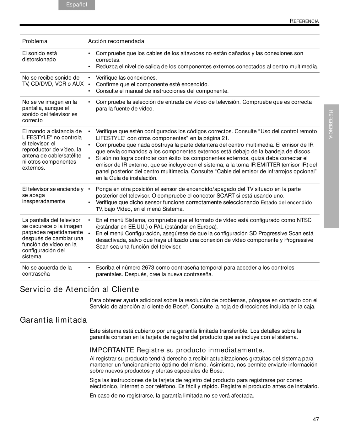 Bose DVD Home Entertainment Systems manual Servicio de Atención al Cliente, Garantía limitada, En la Guía de instalación 