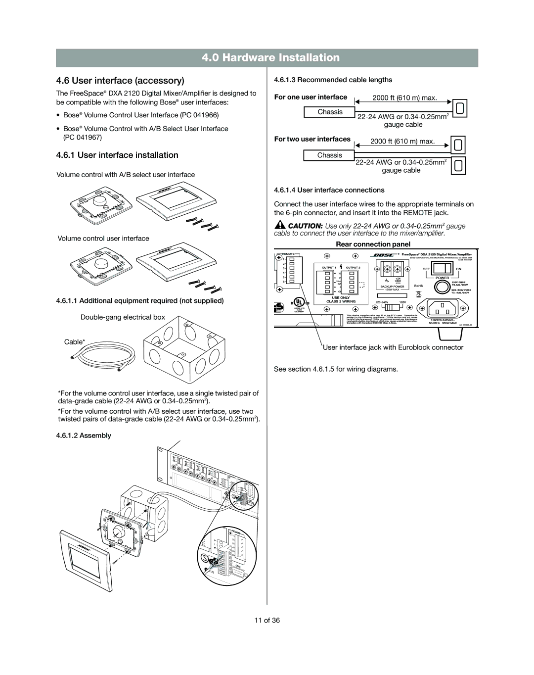 Bose DXA2120 manual User interface accessory, User interface installation, For one user interface 2000 ft 610 m max 