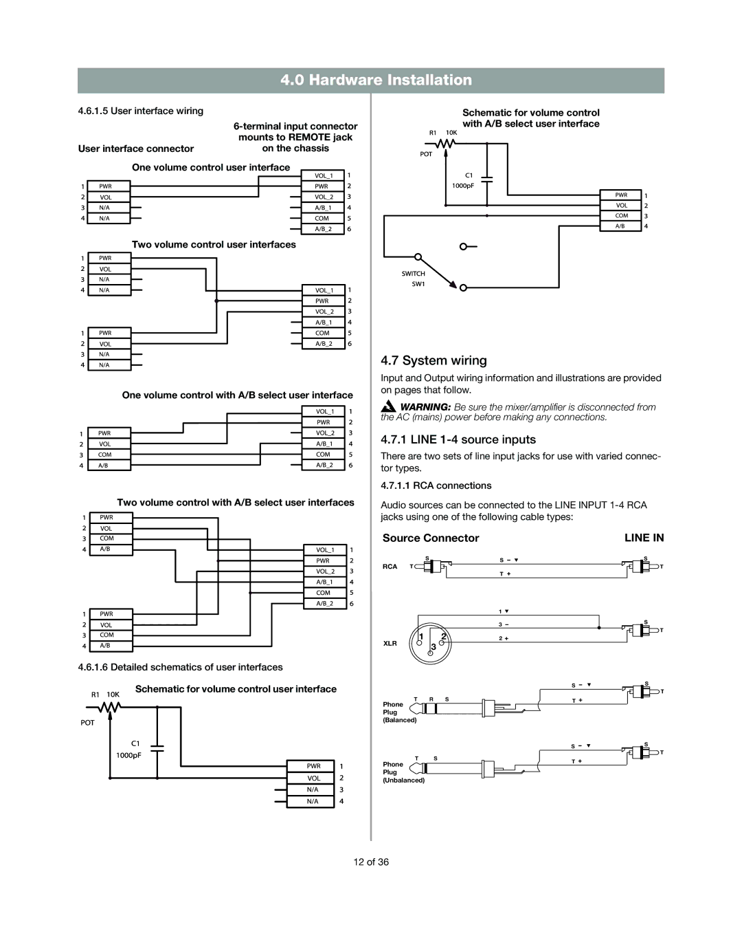 Bose DXA2120 manual System wiring, Line 1-4 source inputs, Schematic for volume control user interface 