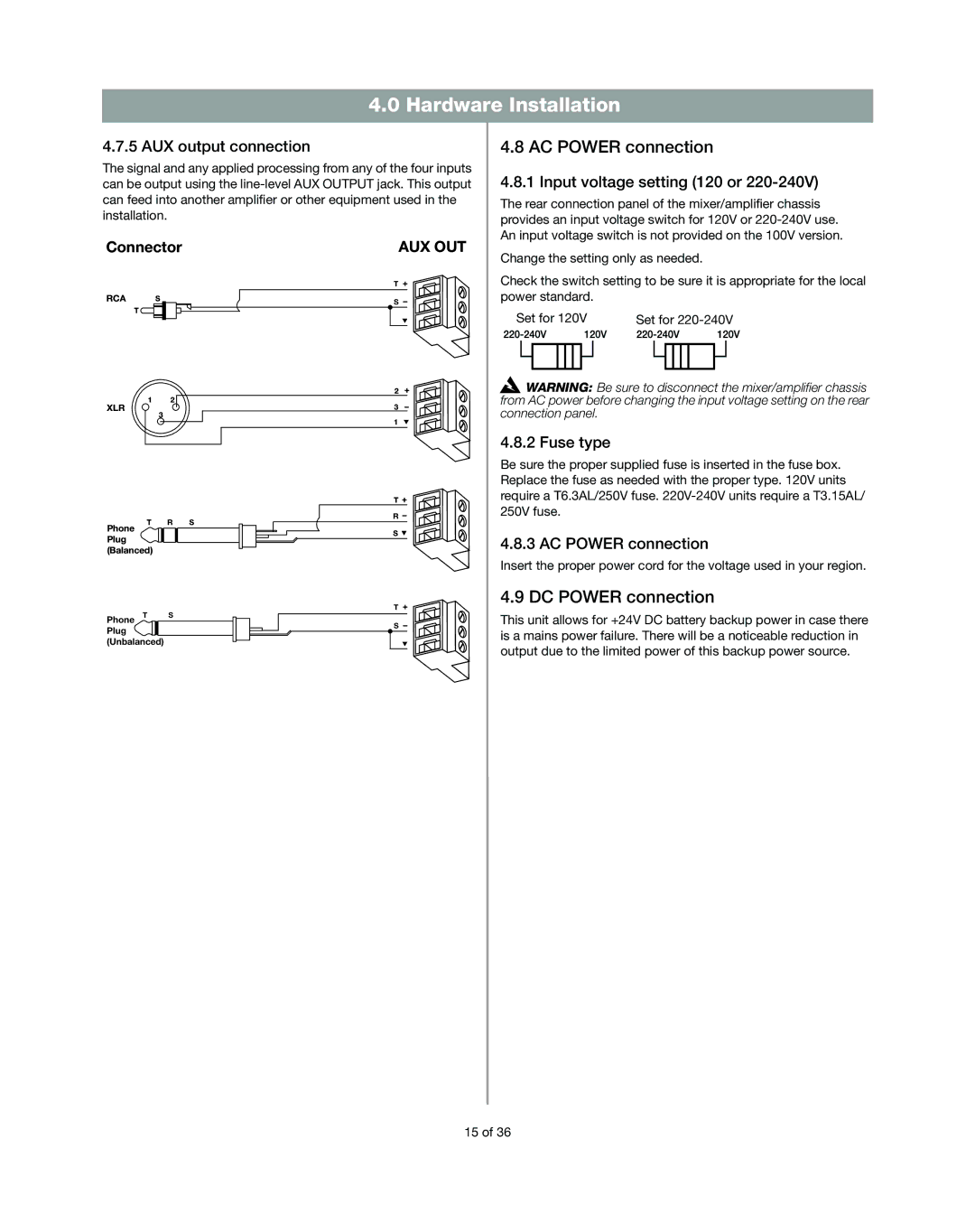 Bose DXA2120 manual AC Power connection, DC Power connection 