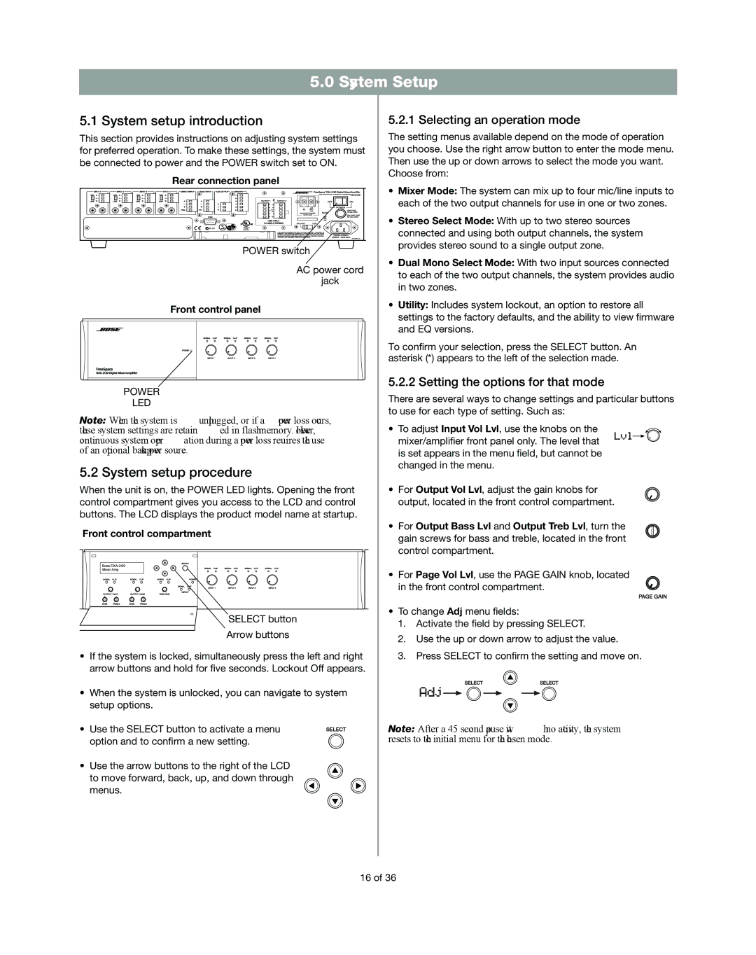 Bose DXA2120 manual System Setup, System setup introduction, System setup procedure, Selecting an operation mode 