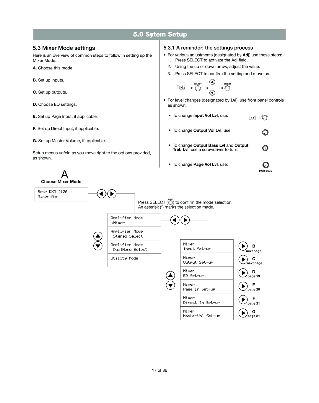 Bose DXA2120 manual Mixer Mode settings, Reminder the settings process, Choose Mixer Mode 