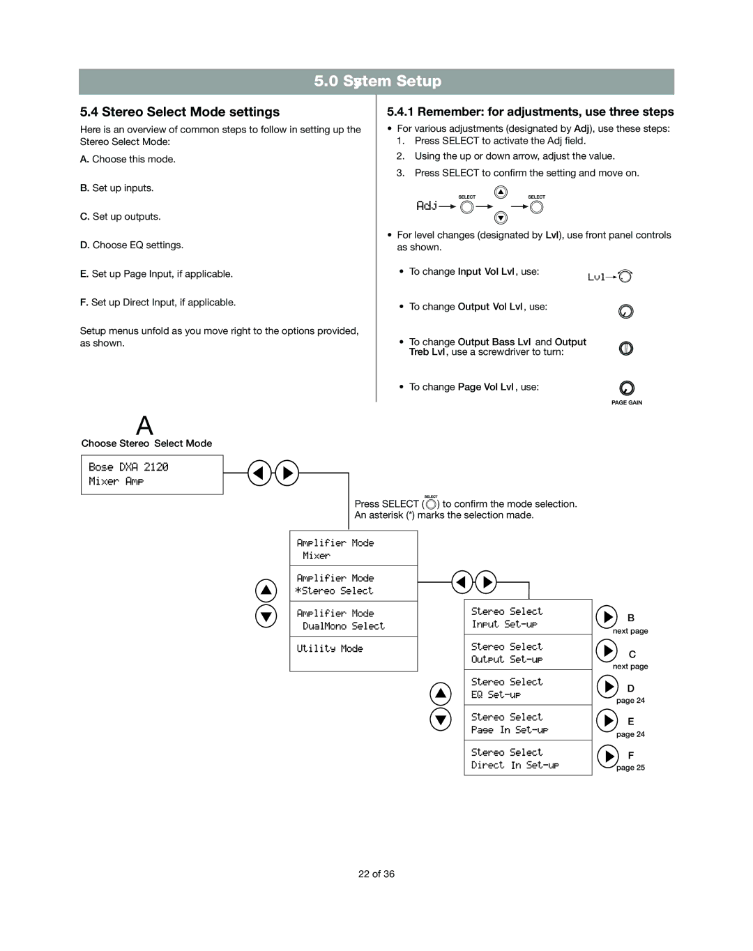 Bose DXA2120 manual Stereo Select Mode settings, Remember for adjustments, use three steps, Choose Stereo Select Mode 