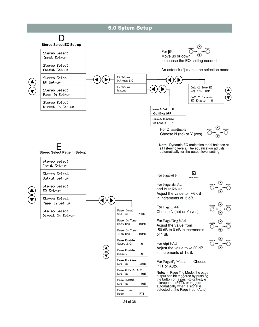 Bose DXA2120 manual Stereo Select EQ Set-up Stereo Select Page In Set-up 