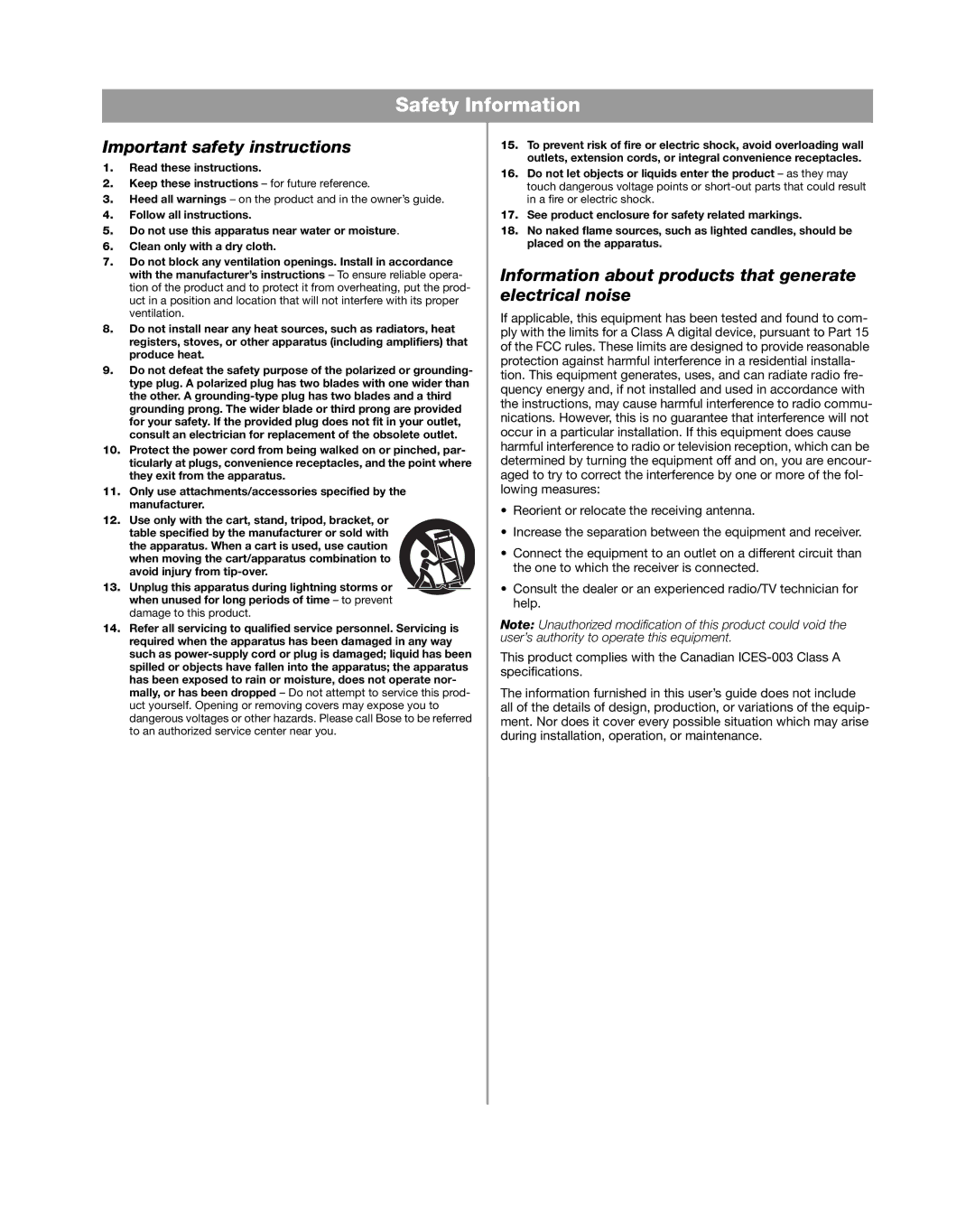 Bose DXA2120 manual Important safety instructions 