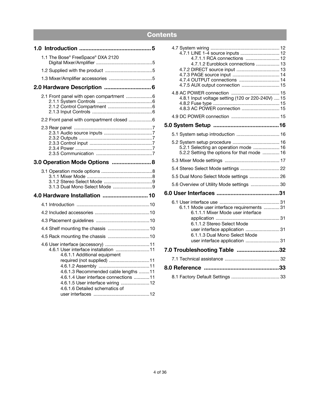 Bose DXA2120 manual Contents 