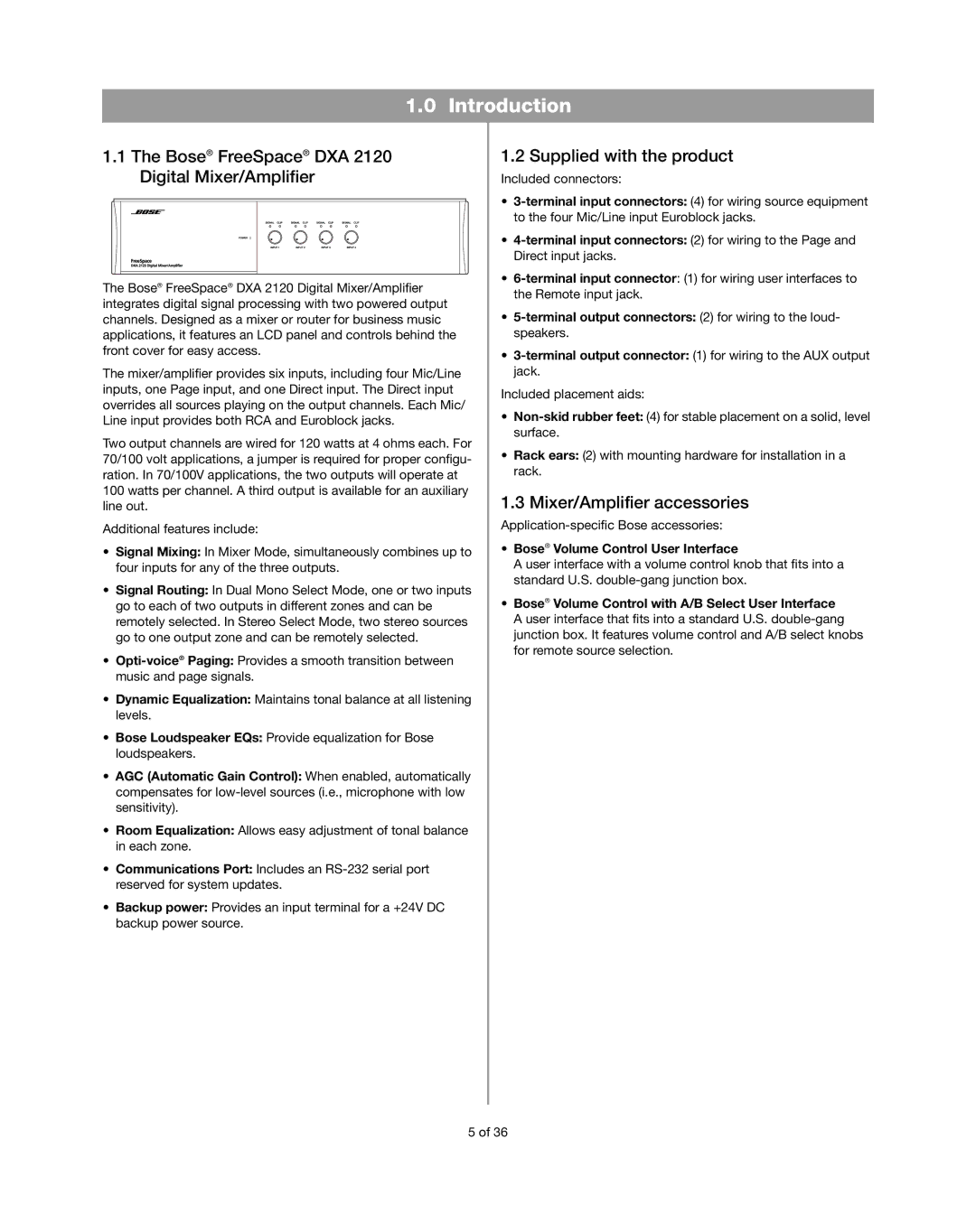 Bose DXA2120 manual Introduction, Bose FreeSpace DXA 2120 Digital Mixer/Amplifier, Supplied with the product 