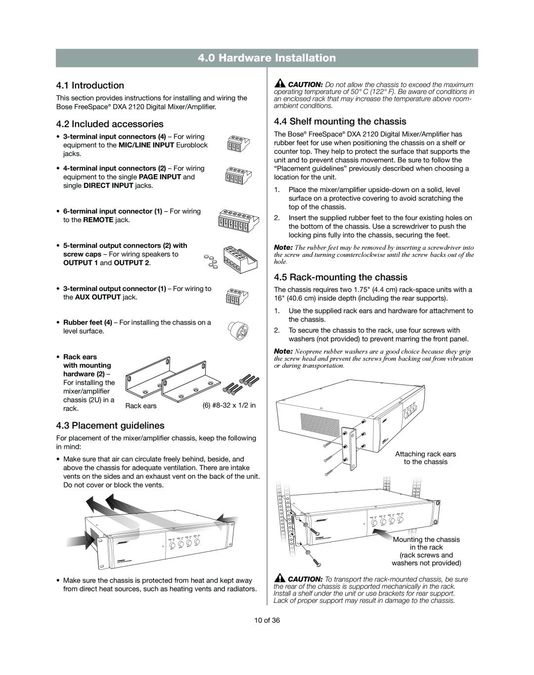 Bose DXA2120 Hardware Installation, Introduction, Included accessories, Placement guidelines, Shelf mounting the chassis 