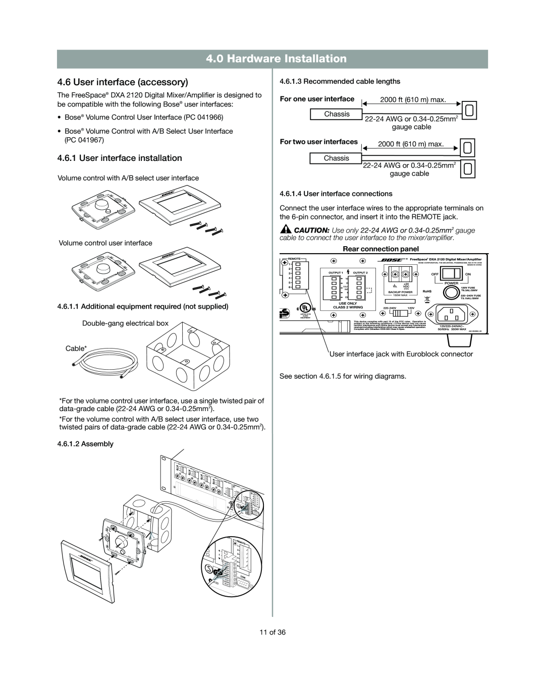 Bose DXA2120 manual User interface accessory, Hardware Installation, User interface installation 