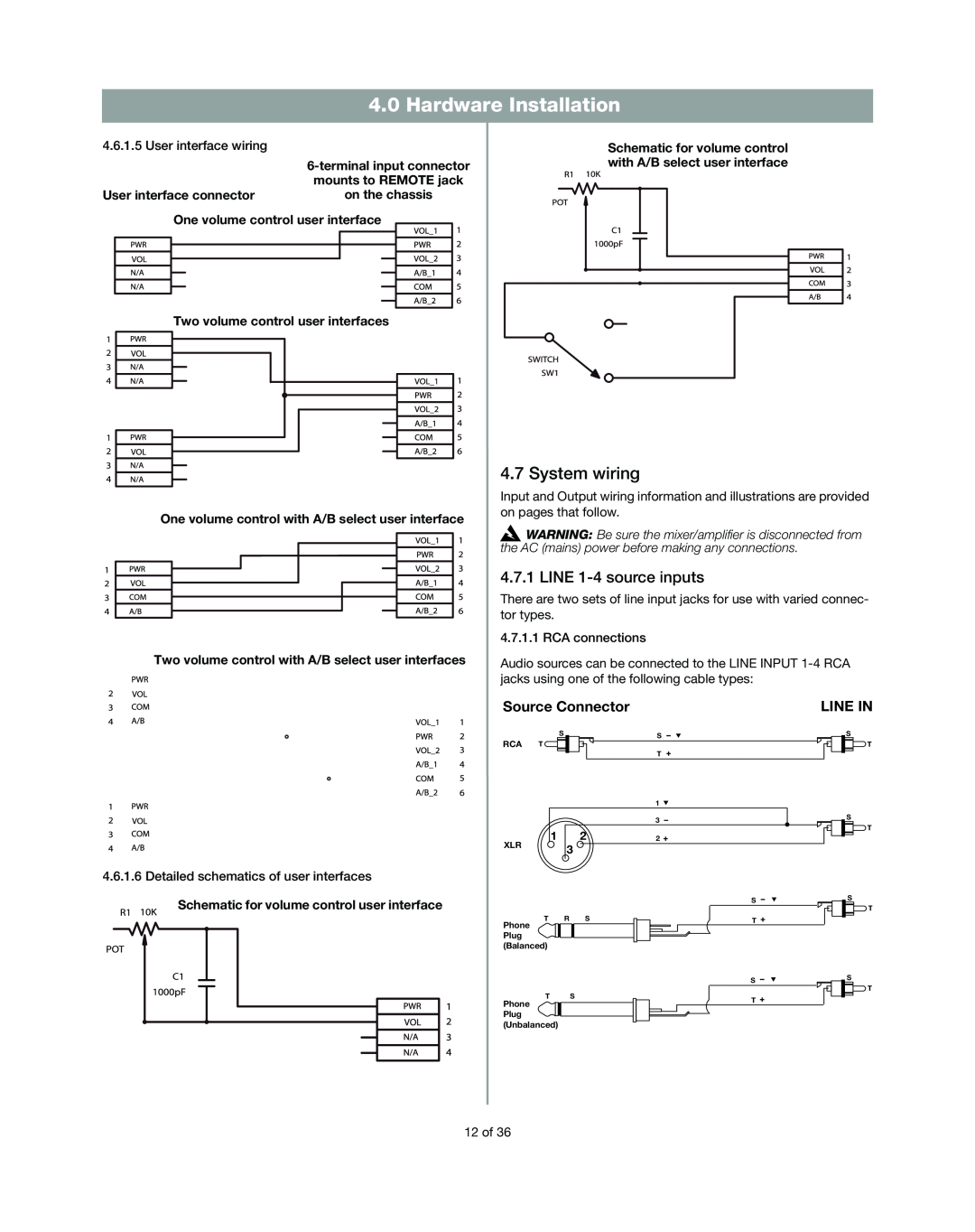 Bose DXA2120 manual System wiring, Hardware Installation, LINE 1-4source inputs 