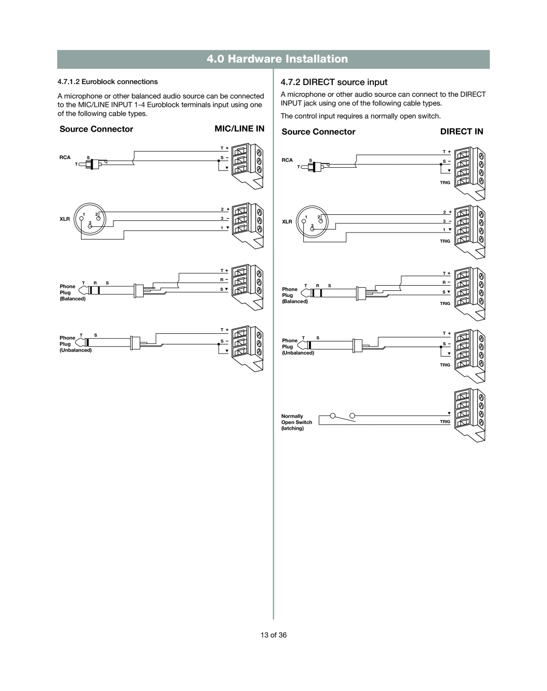 Bose DXA2120 manual Hardware Installation, DIRECT source input, Source Connector, Mic/Line In, Direct In 