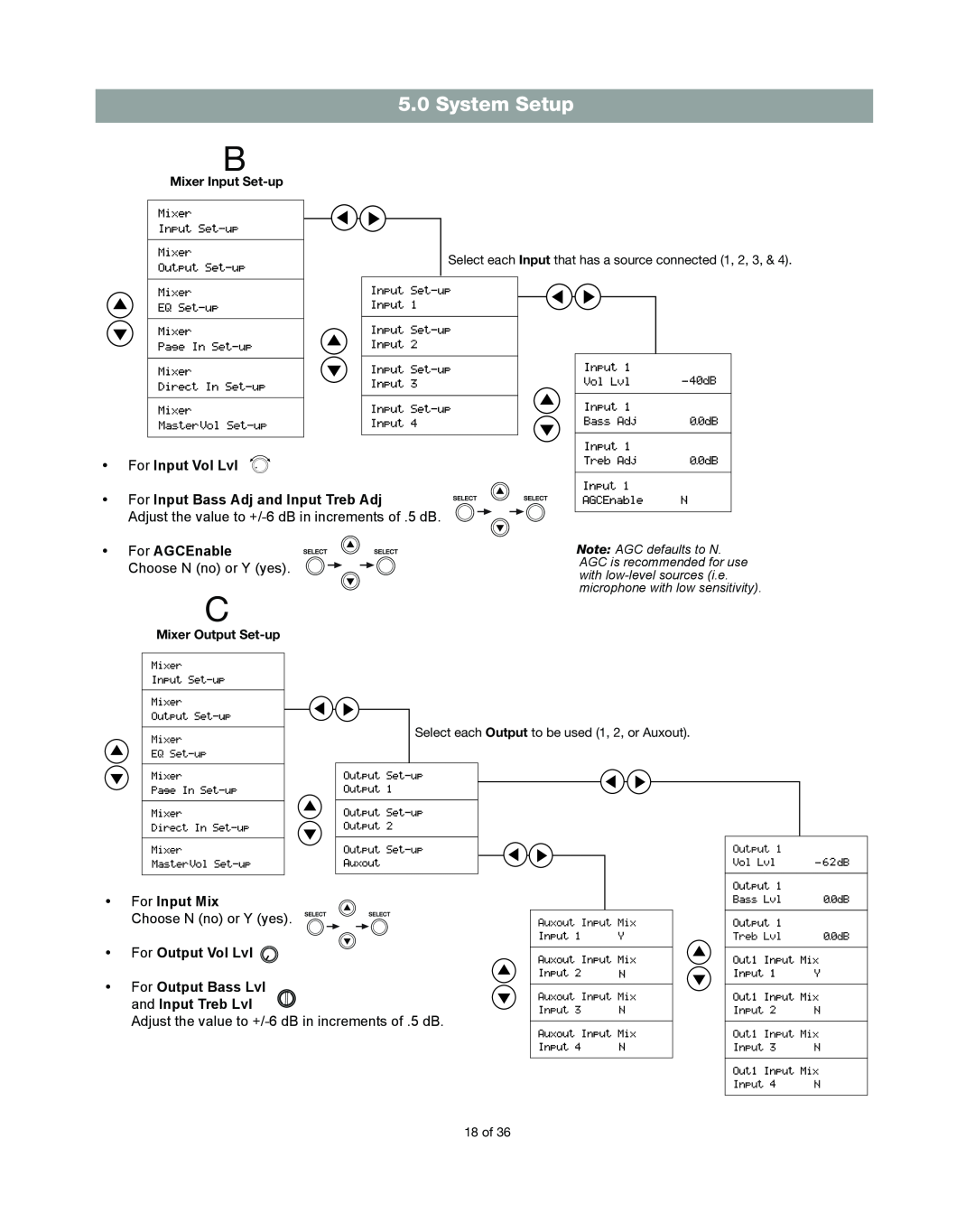 Bose DXA2120 manual System Setup, For Input Vol Lvl, For Input Bass Adj and Input Treb Adj, For AGCEnable, For Input Mix 