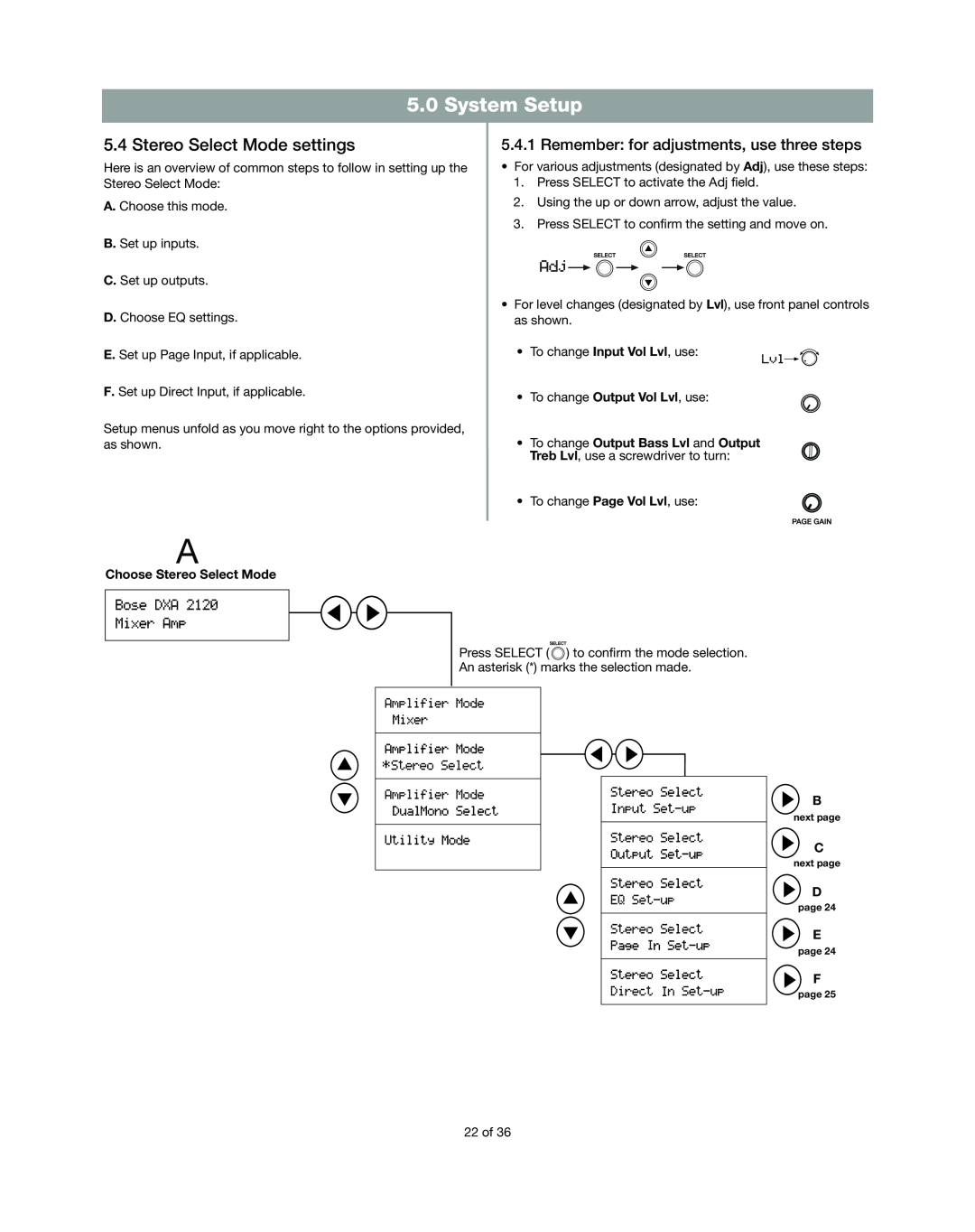 Bose DXA2120 manual Stereo Select Mode settings, System Setup, Remember for adjustments, use three steps 