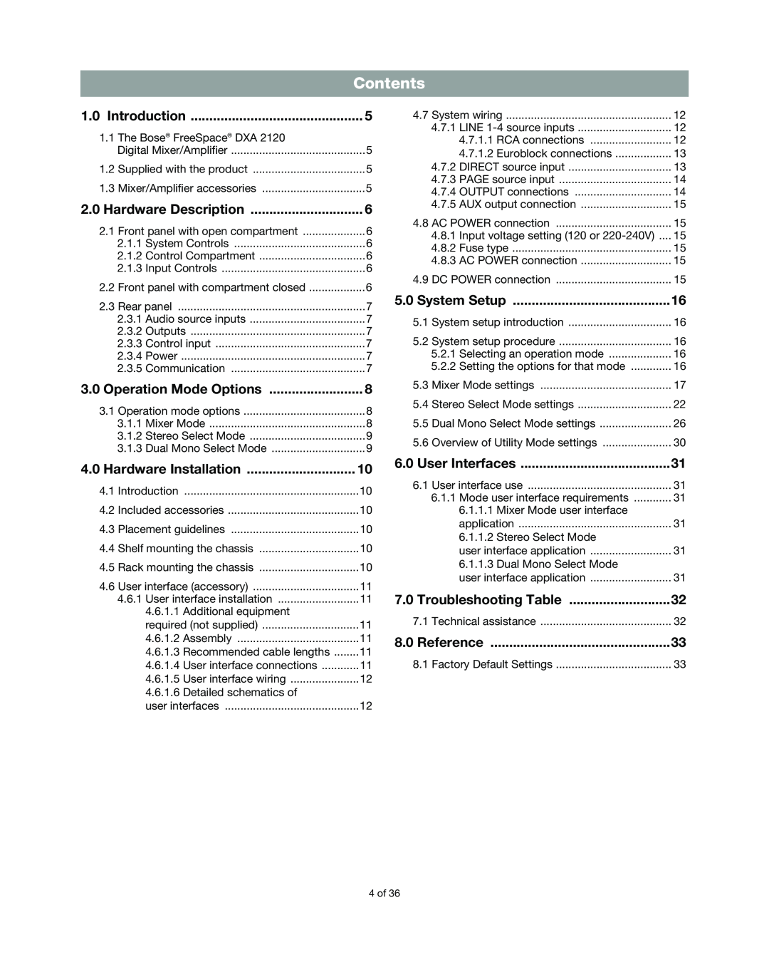 Bose DXA2120 manual Contents 