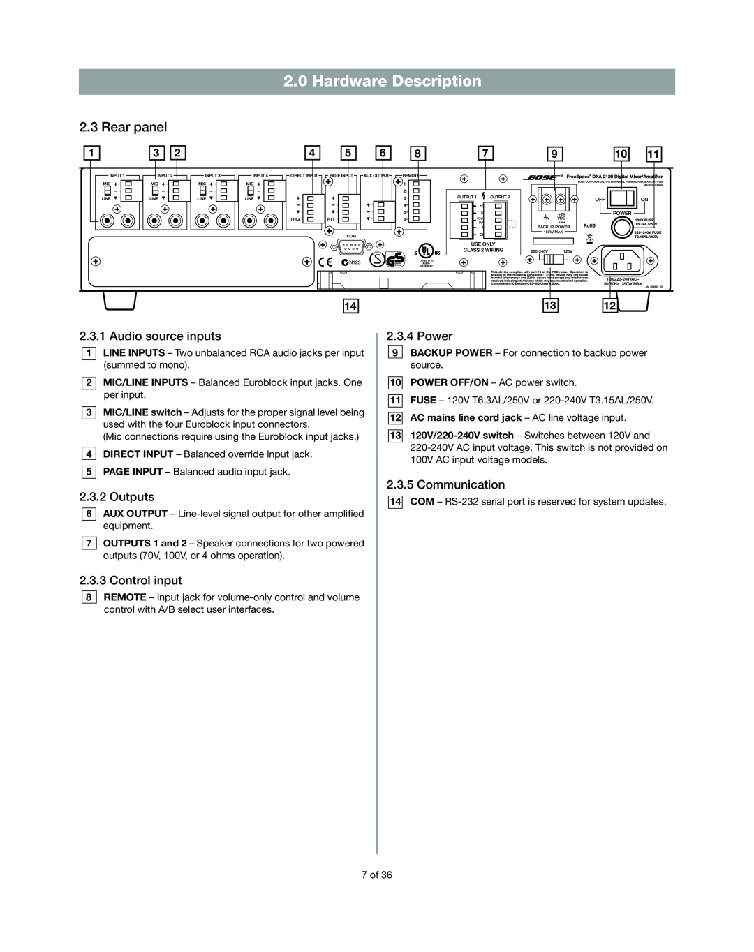 Bose DXA2120 manual Hardware Description, Rear panel, Audio source inputs, Outputs, Control input, Power, Communication 
