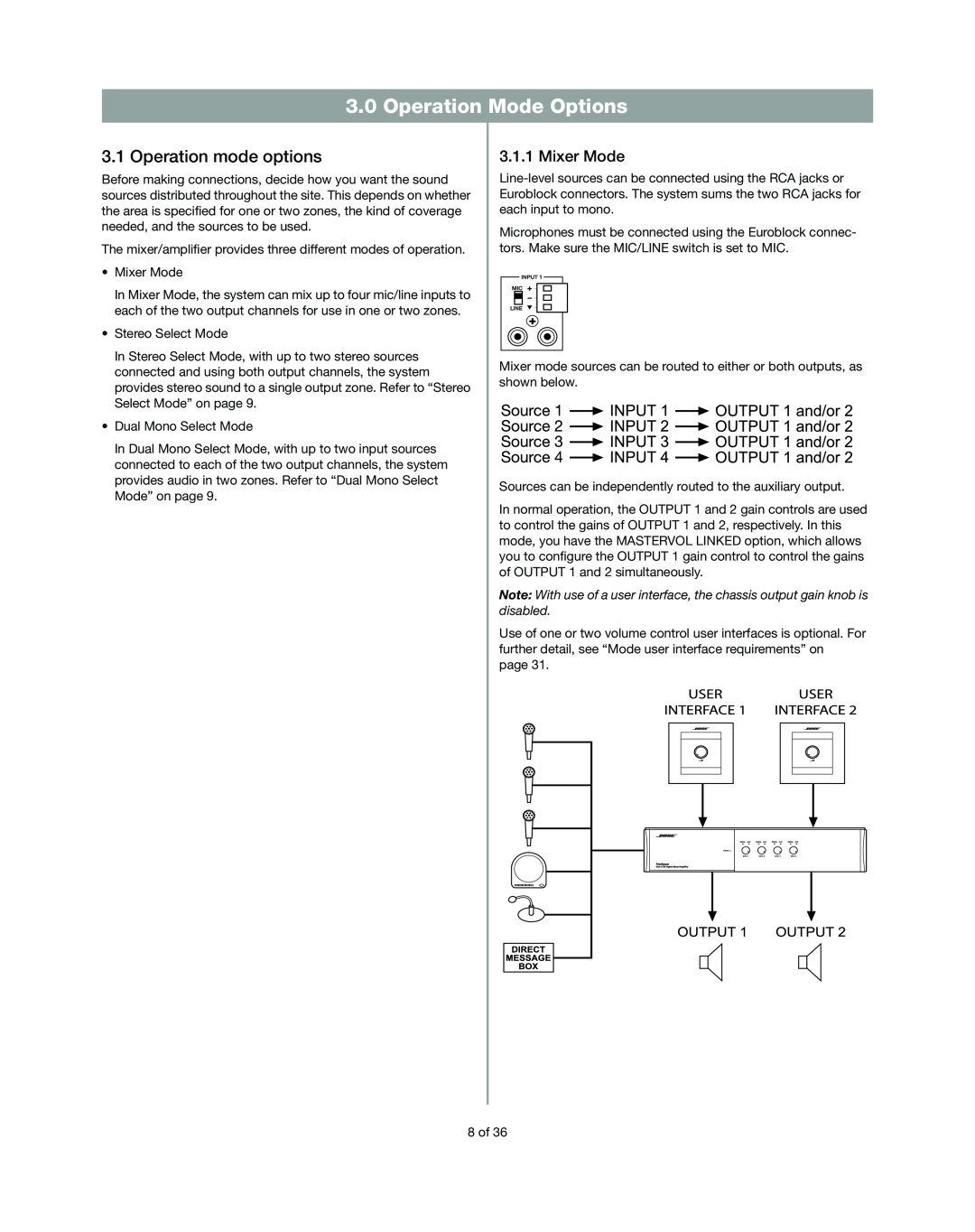 Bose DXA2120 manual Operation Mode Options, Operation mode options, Mixer Mode 