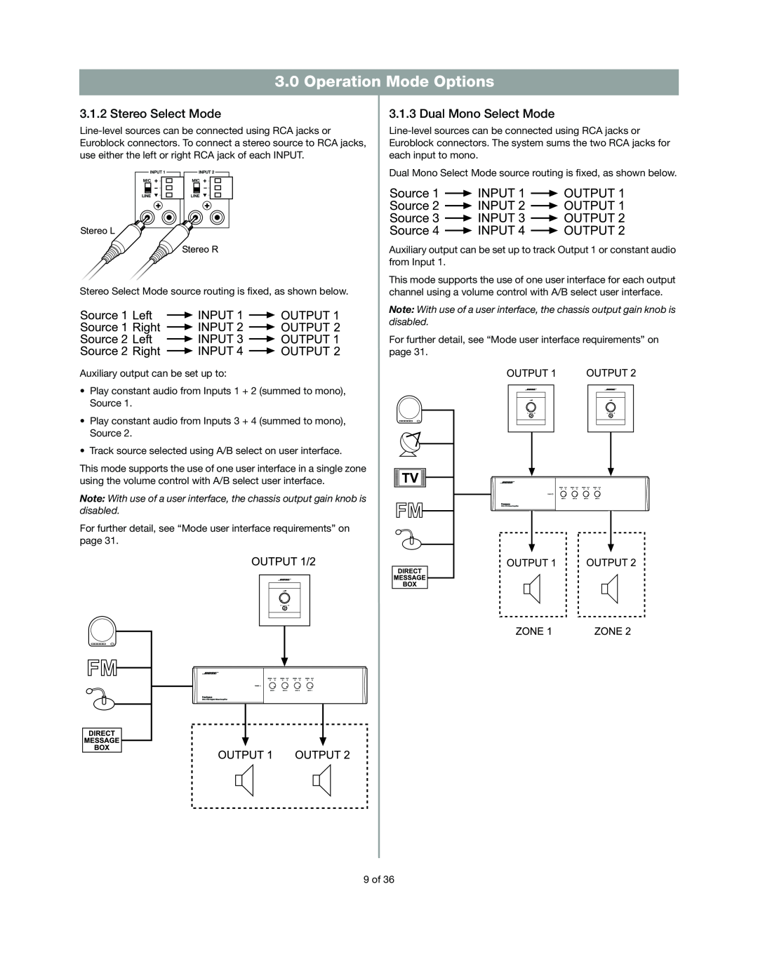 Bose DXA2120 manual Operation Mode Options, Stereo Select Mode, Dual Mono Select Mode 