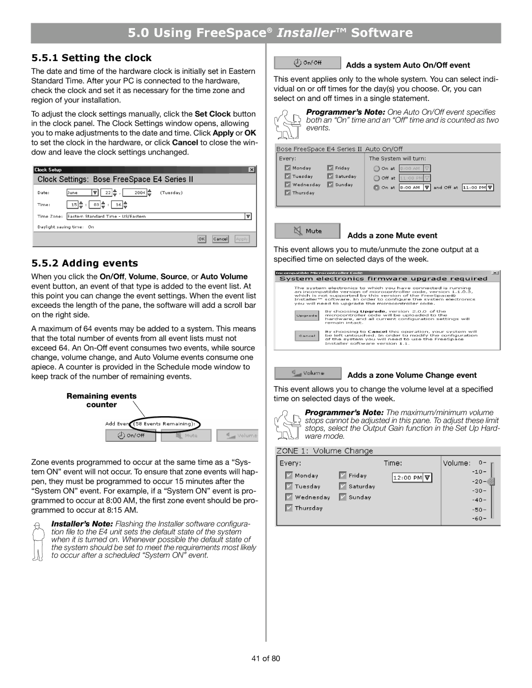 Bose E4 manual Setting the clock, Adding events 