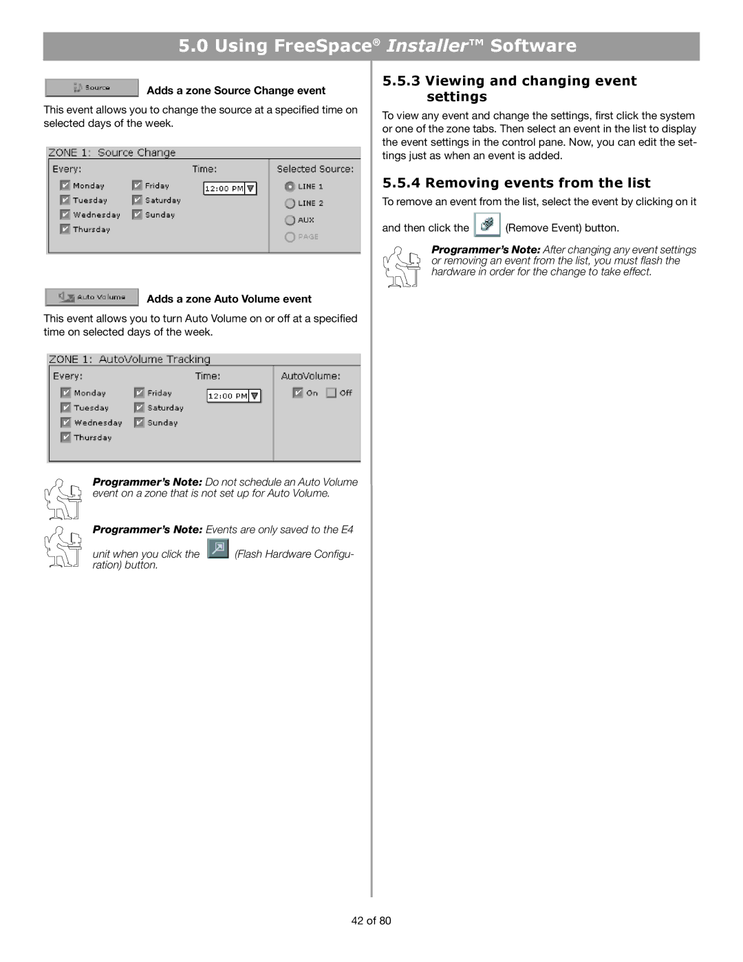 Bose E4 manual Viewing and changing event settings, Removing events from the list, Adds a zone Source Change event 