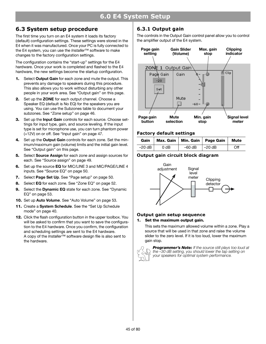 Bose E4 manual System setup procedure, Factory default settings, Output gain circuit block diagram 