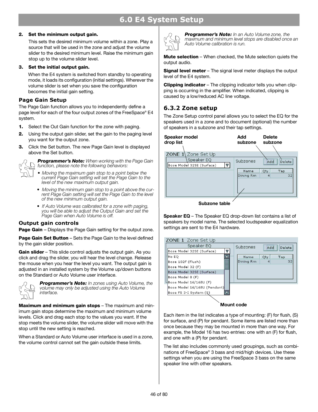 Bose E4 manual Zone setup, Gain Setup, Output gain controls 